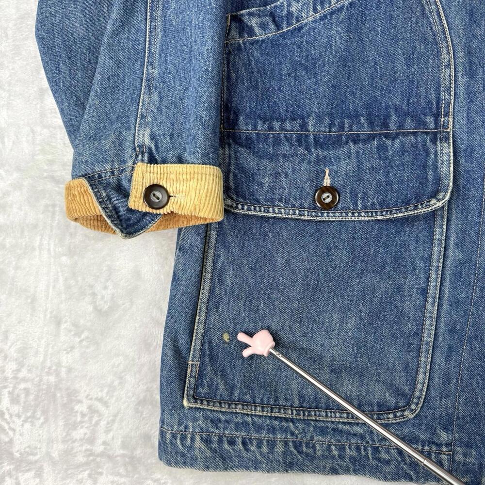 Vintage Eddie Bauer Women Denim Jean Chore Jacket Long Coat Dual Pocket Size L - Picture 7 of 9